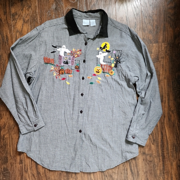 Vintage Halloween Ghost Pumpkin Embroidered Button Down Flannel Shirt - Picture 1 of 12